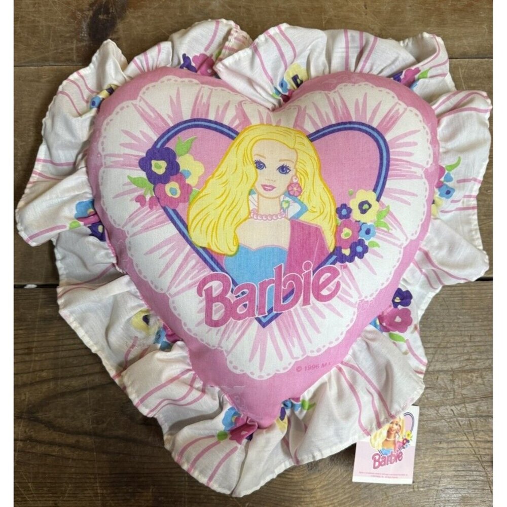 NWT Vintage NOS 1990s Barbie Doll Throw Pillow Heart Shape Ruffle Pink Bibb Co.
